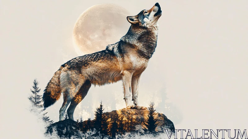 AI ART Wolf Howling Under the Moonlight