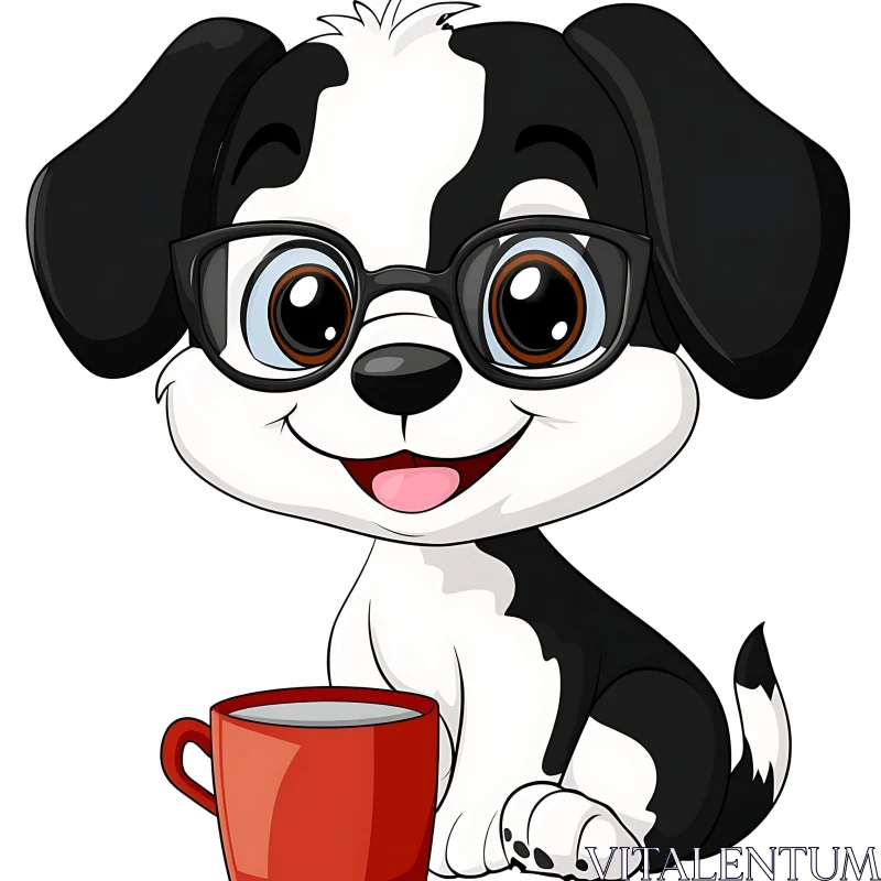 Cute Black & White Cartoon Puppy with Glasses AI Image