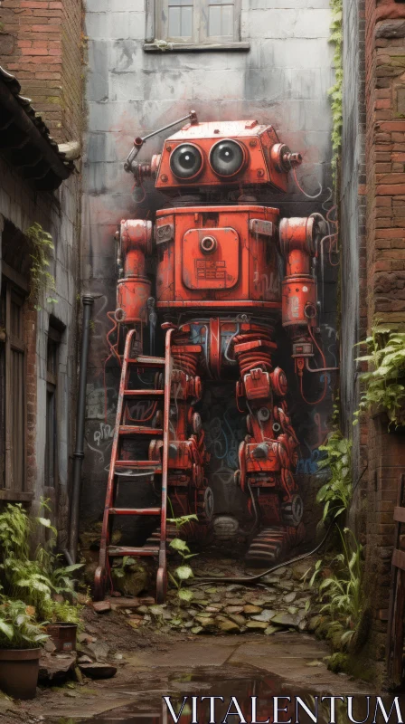 Red Robot in Dark Alleyway: A Fusion of Street Art and Dieselpunk AI Image