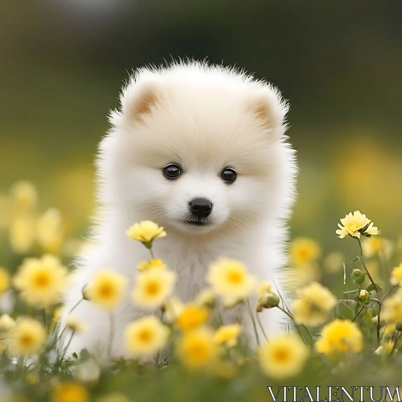 Fluffy Puppy Among Yellow Flowers AI Image