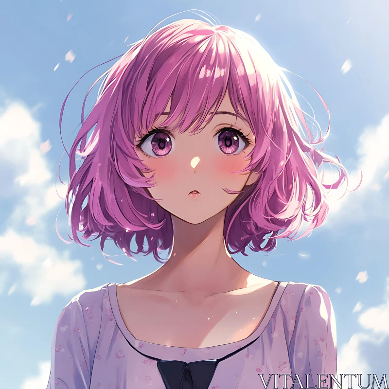 Young Anime Girl with Pink Hair in Blue Sky AI Image