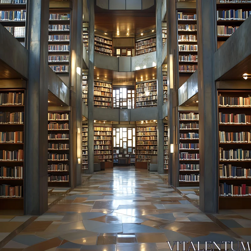 Modern Library Interior with Tall Bookshelves and Natural Light AI Image