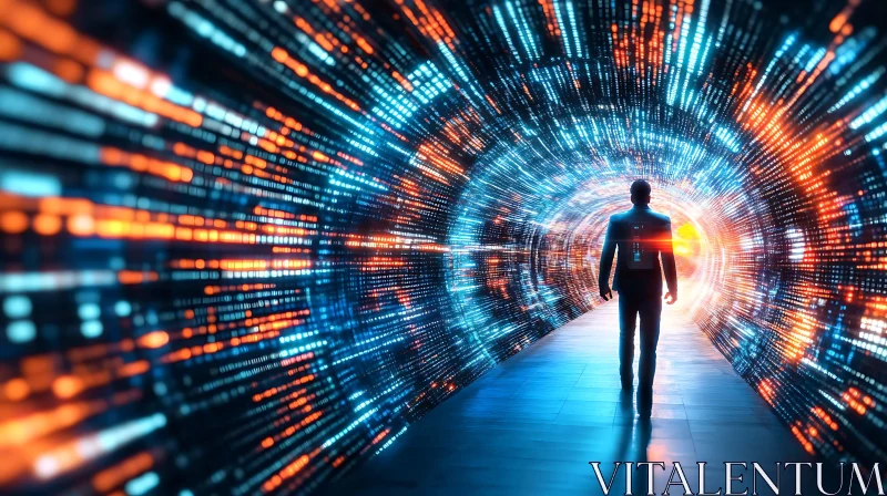 Man Walking in Futuristic Data Stream AI Image