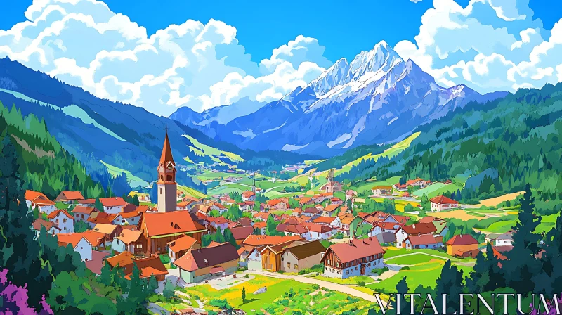 Picturesque Village in Valley with Mountains AI Image