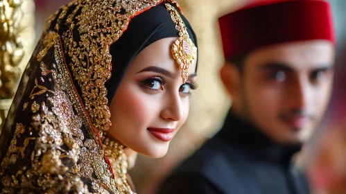 Bride in gold embroidered hijab