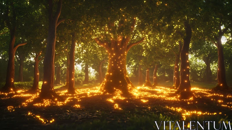 Mystical Forest Illuminated by Golden Sparks AI Image