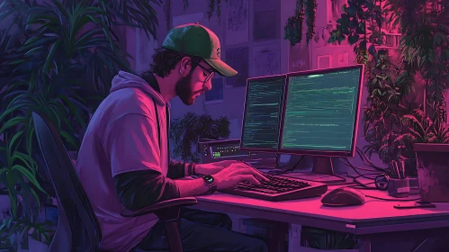 Programmer's Neon-Lit Workspace with Plants