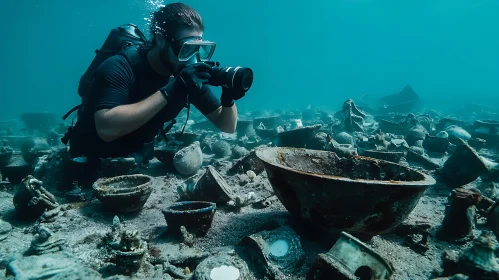 Diver Photographing Relics on Ocean Floor