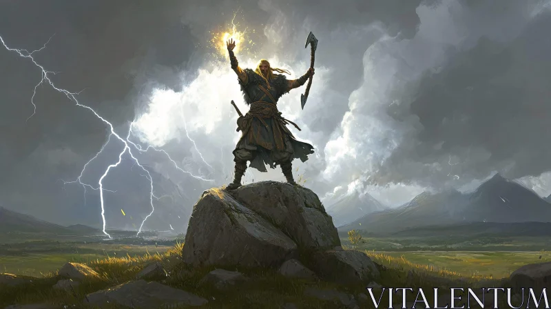 Viking Warrior with Axe in Lightning Storm AI Image