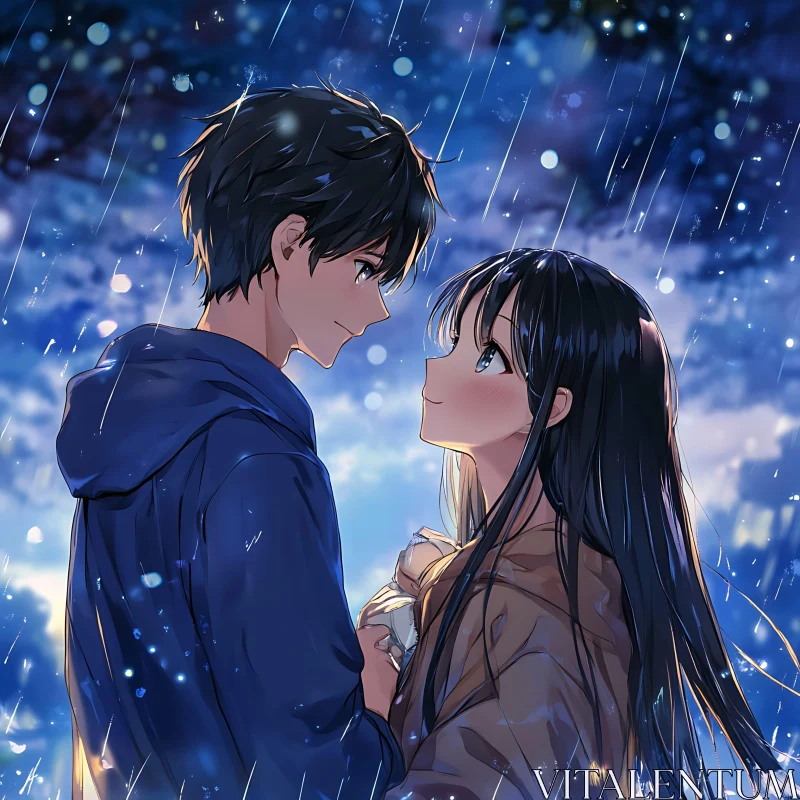 Anime Love in Rainy Twilight AI Image