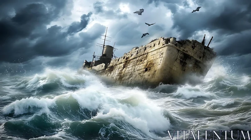 Old Ship in a Sea Storm AI Image