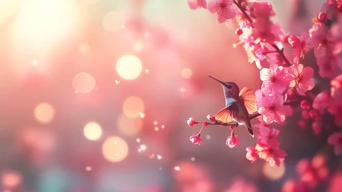 Graceful Hummingbird with Cherry Blossoms