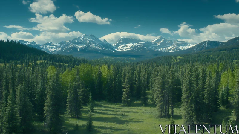 Snowy Peaks and Green Forest Vista AI Image