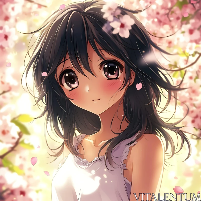 Young Girl in Cherry Blossom Scene AI Image