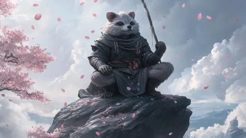 Meditative Raccoon Warrior with Cherry Blossoms