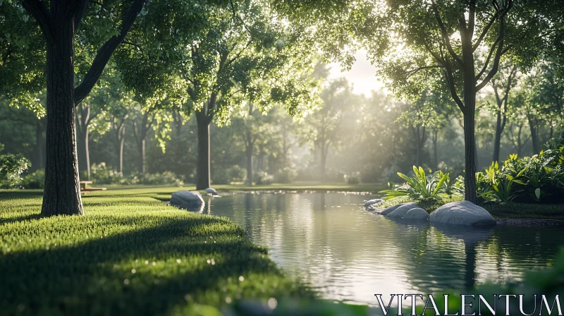 Tranquil Pond in Lush Forest AI Image