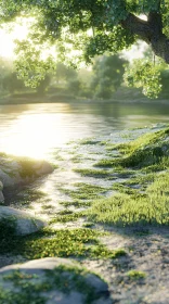 Peaceful Lakeside with Sunlight and Greenery