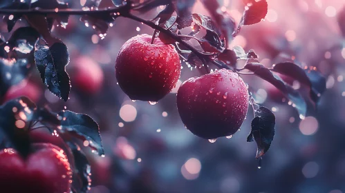 Apples on Tree Branch After Rain