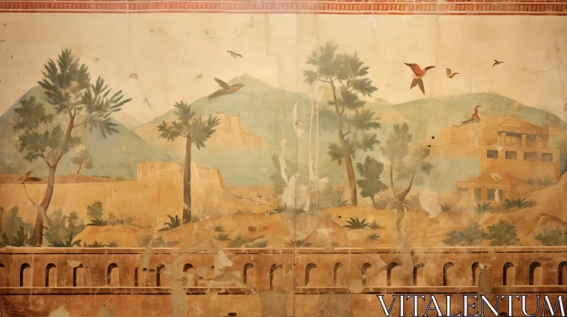 Antique Mural Depicting Birds and Mountains in Phoenician Art Style AI Image