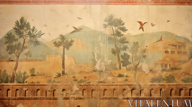 AI ART Antique Mural Depicting Birds and Mountains in Phoenician Art Style