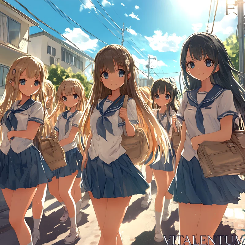 Group of Anime Schoolgirls in Uniform Under Bright Sky AI Image