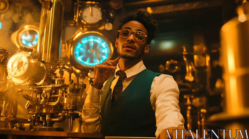 Man in Steampunk Time Machine AI Image