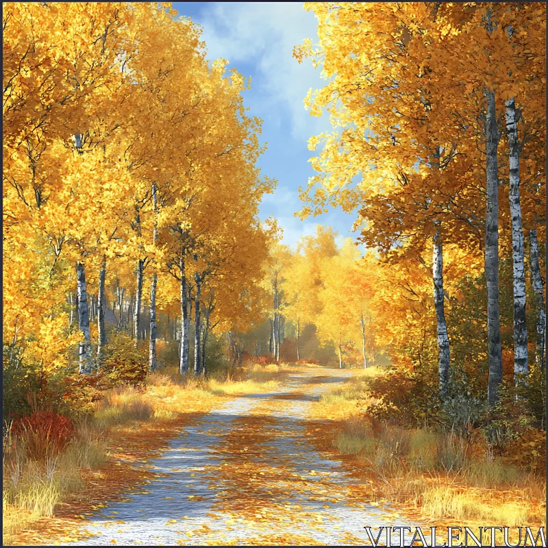 AI ART Autumn Path Through Yellow Forest