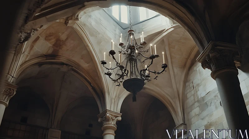 Grand Chandelier and Vaulted Ceiling in Historic Building AI Image