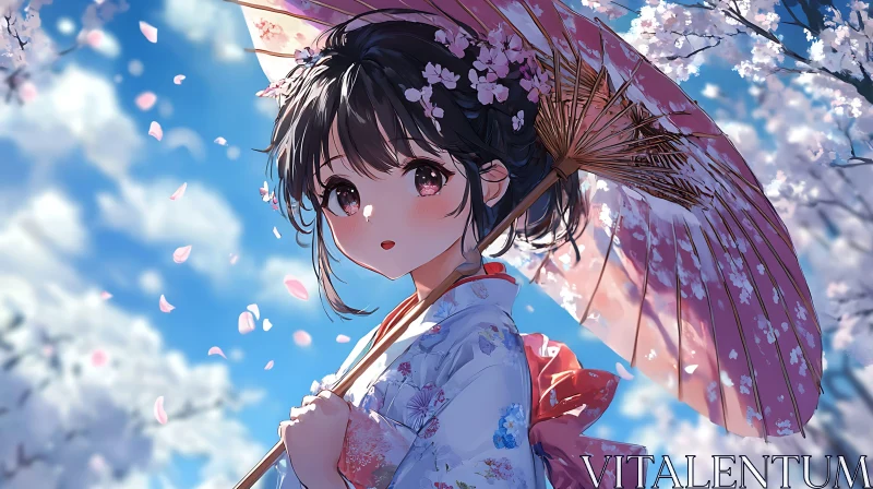 AI ART Anime Girl with Parasol and Cherry Blossoms