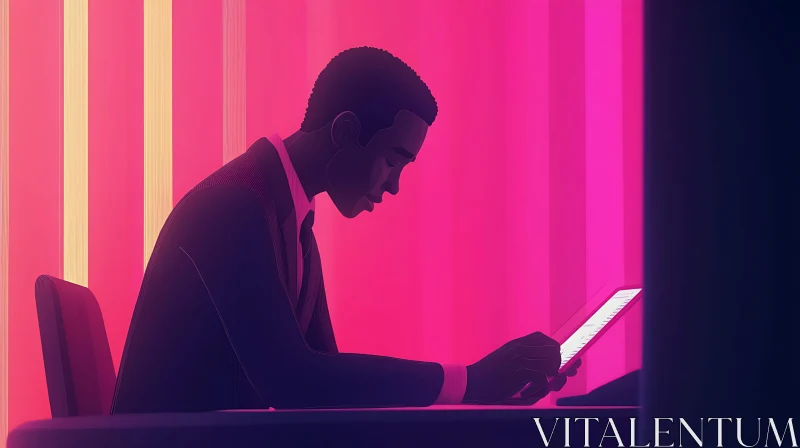 Man in Neon Light with Tablet AI Image