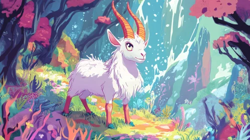 Colorful Fantasy Forest with White Horned Goat