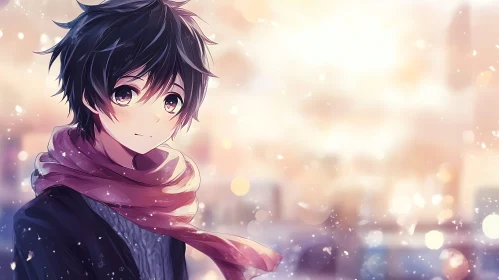 Youthful Anime Figure in Wintery Scene