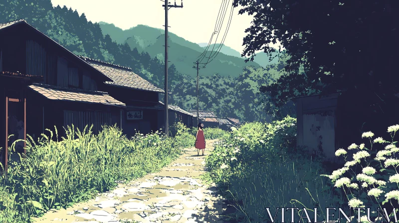 Rustic Village Scenery with Lush Greenery and Sunlight AI Image