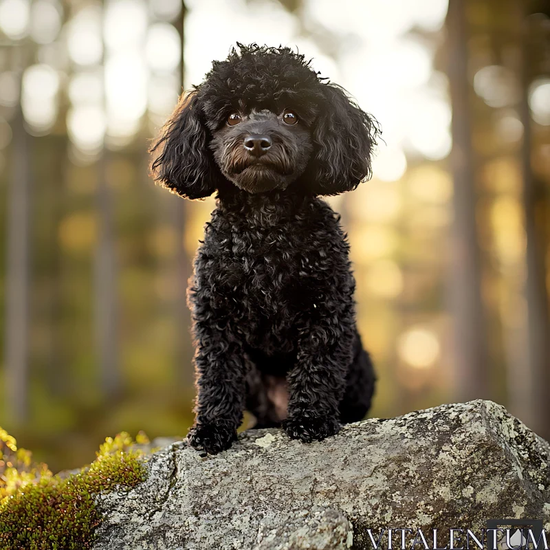 Cute Black Dog on a Rock in the Forest AI Image