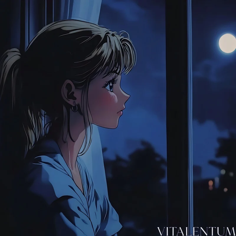 Pensive Anime Girl in Moonlight AI Image