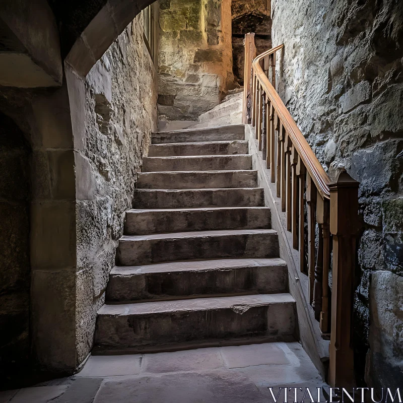 Rustic Stone Steps with Wooden Banister in Old Structure AI Image