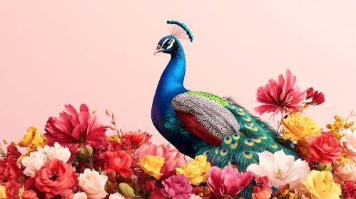 Elegant Peacock in Blooming Flower Garden