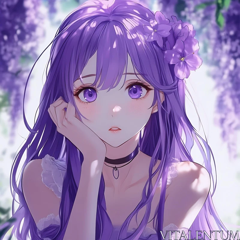 Anime Girl with Purple Hair and Flowers AI Image