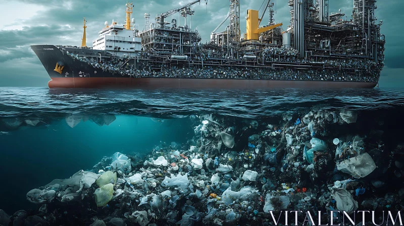 AI ART Ocean Plastic Waste Beneath Cargo Ship