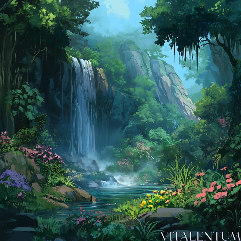 Tranquil Cascading Waterfall in Lush Forest AI Image