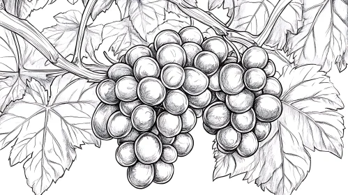 Monochrome Grape and Leaf Illustration