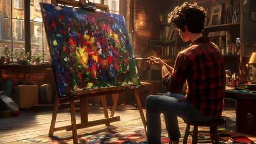 Young Artist Painting in Studio