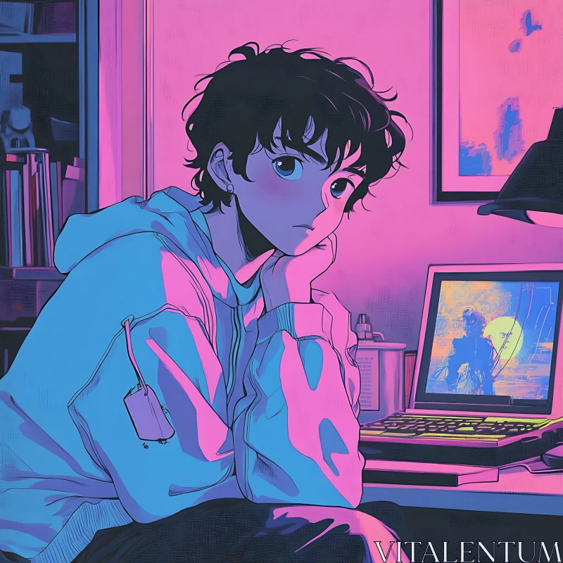 Anime Character with Laptop in Pink and Blue AI Image