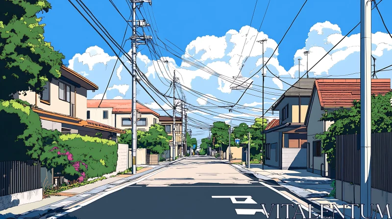 Peaceful Residential Area with Electric Poles and Lush Greenery AI Image