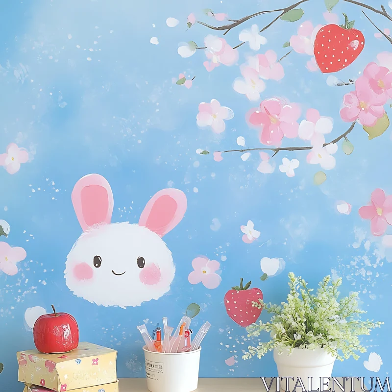 AI ART Whimsical Bunny with Flowers and Berries