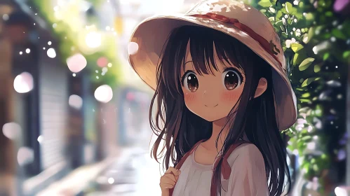 Anime Girl with Long Hair and Straw Hat