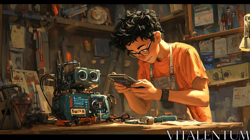 AI ART Young Man Fixing Robot