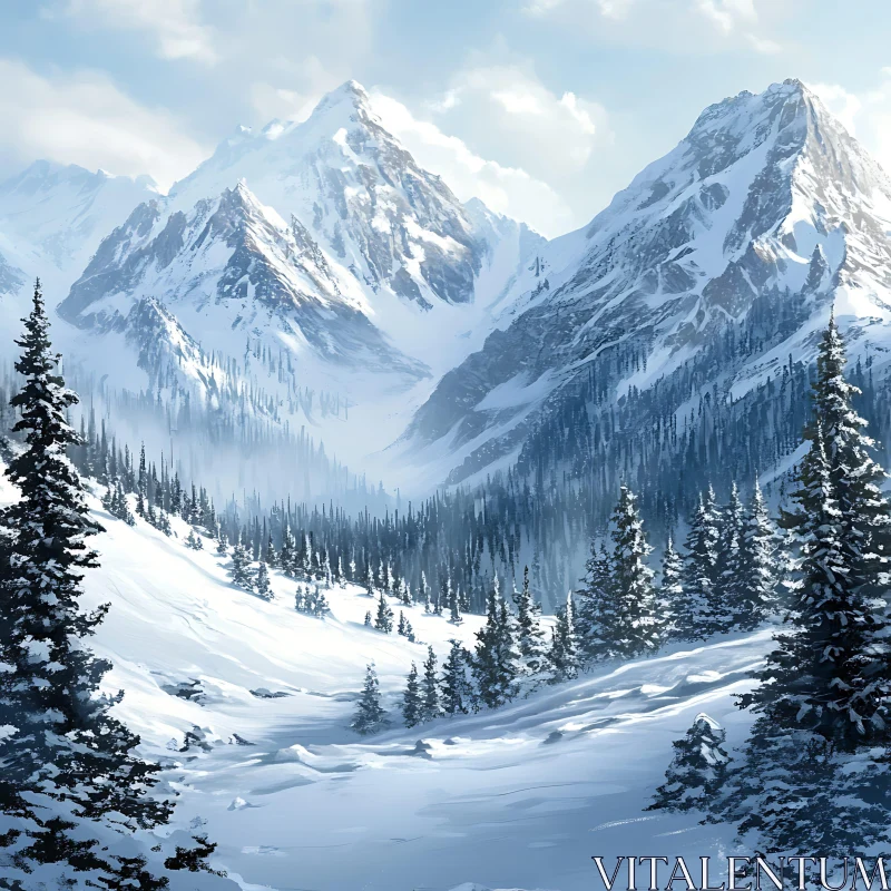 Snowy Mountain Vista with Evergreen Forest AI Image