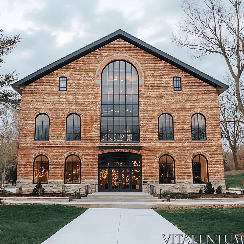 Historic Brick Facade with Central Glass Windows AI Image