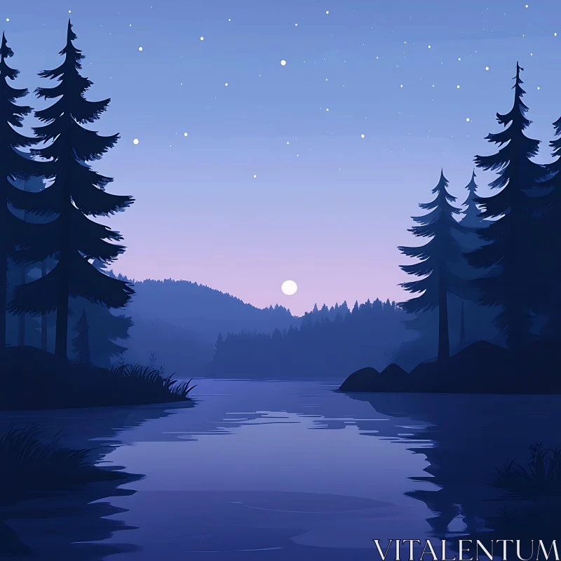 AI ART Moonlit Lake in Forested Twilight